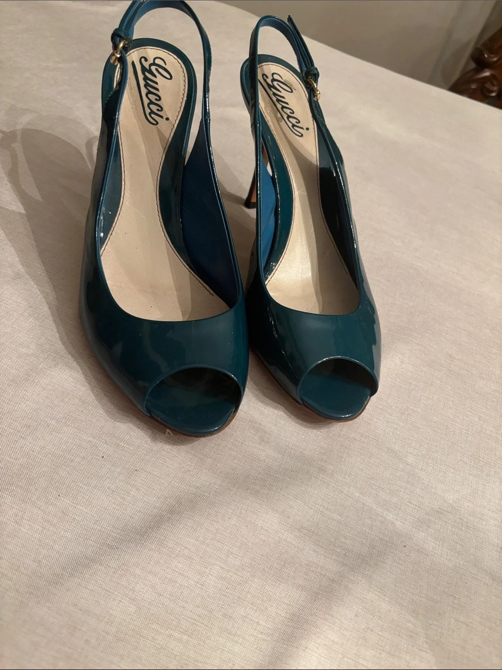 Gucci Teal Patent Peep-Toe Slingback Heels - Picture 8 of 8